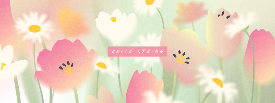 Horizontal spring background design in a modern style with a grainy texture, featuring artistic images of blurred blooming tulips and daisy flowers for seasonal nature awakening, vector illustration.
