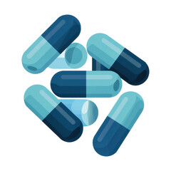 Blue and dark blue capsules on white background pills isolated on a transparent background