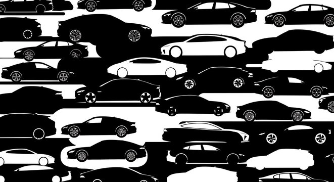 Black and white seamless pattern of various car silhouettes on a road.
