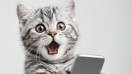 Smartphone shocked meme cat with copy space on white background cat-meme_1259