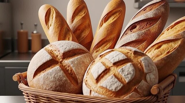 Fresh Artisan Bread Assortment in Wicker Basket &ndash; Homemade Bakery Concept
