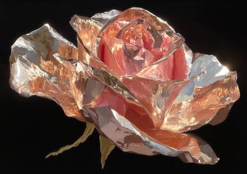 Sculptural flower crafted from polished rose gold with metallic petals and reflective surfaces. Modern luxury aesthetic on rich black background in tempera and oil on canvas style with a cyberpunk vib