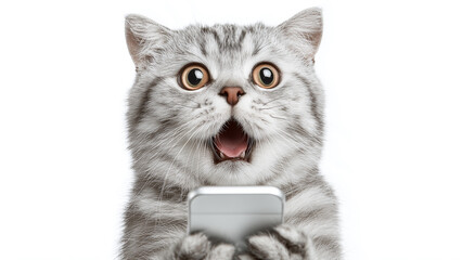 Smartphone shocked meme cat with copy space on white background cat-meme_1267