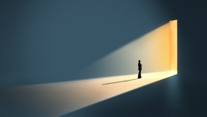 Conceptual poster businesswoman walking toward illuminated doorway in dark space. Concept of digital opportunity, innovation breakthrough, strategic growth and technology enabled transformation. © Lustre Art Group 