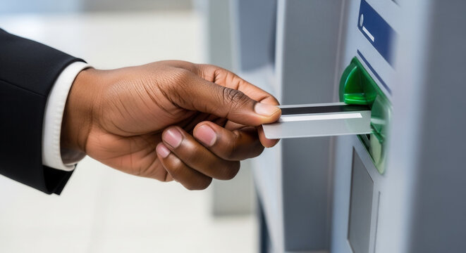 African American hand inserting bank card into ATM terminal, electronic payment and financial transaction at self service machine