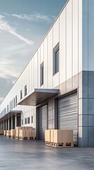 Fototapeta premium Modern warehouse with loading dock and cardboard boxes on pallets