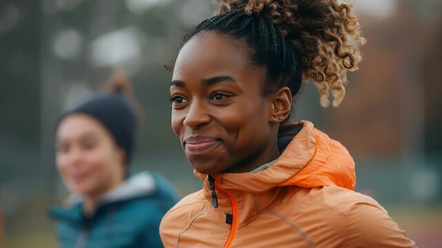 Curly-haired athlete in orange jacket radiates bright smile, exuding relaxation focus amidst fellow sports enthusiasts at vibrant facility, as they all gear up for their respective activities together