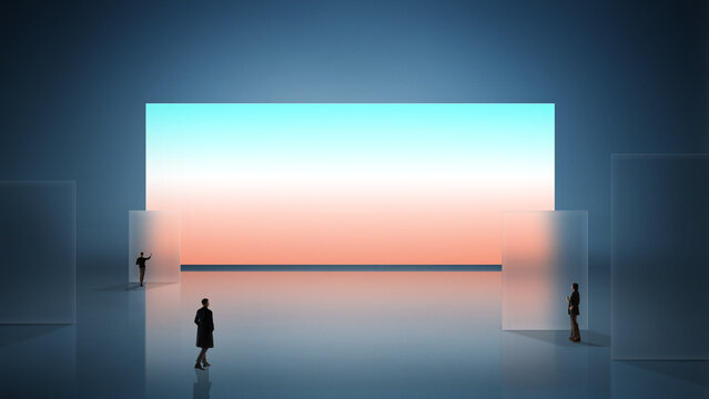 Immersive composition professionals interacting within expansive digital display space. Concept of virtual collaboration, user interface design, data environment and connected technology ecosystem.