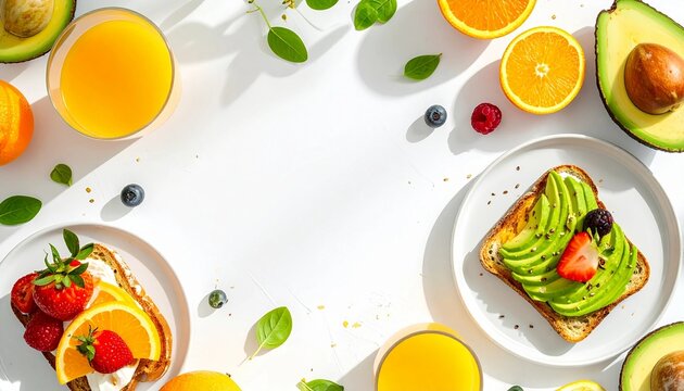 Bright flat lay of healthy breakfast on white background, avocado toast, fresh fruits, orange juice, ceramic plate, clean composition, natural soft light, vibrant colors, minimal shadow, copy space