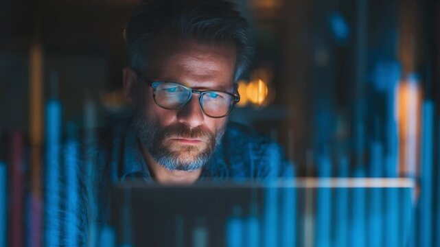 Data Analyst at Work: A focused data analyst, illuminated by the glow of a digital display, meticulously examines intricate charts and graphs to uncover valuable insights.