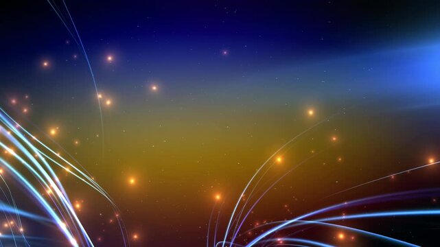 Abstract background with flowing blue light curves and glowing orange particles in space motion video
