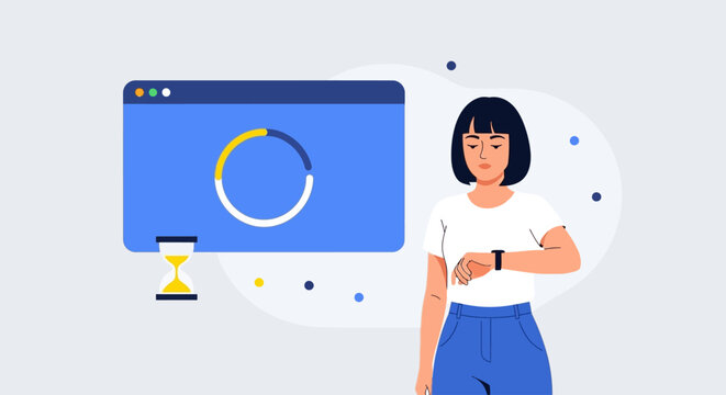 Woman waiting for webpage to load, standing beside loading animation and hourglass icon, illustrating patience and technology frustration