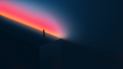 Dramatic mixed media professional standing on edge of geometric platform with digital horizon. Concept of data exploration, innovation frontier, strategic positioning and technology driven vision. © Lustre Art Group 