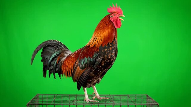 Rooster standing on green background cage.