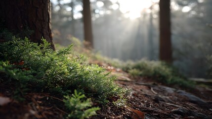 Obraz premium Sunlight streams through a misty forest illuminating lush green undergrowth in the foreground