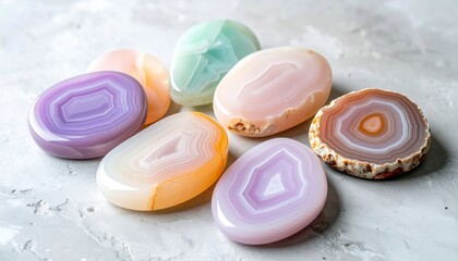 Obraz premium FlyPro Firefly Collection of Polished Pastel Agate Slices Arranged Artfully on Concrete Surface