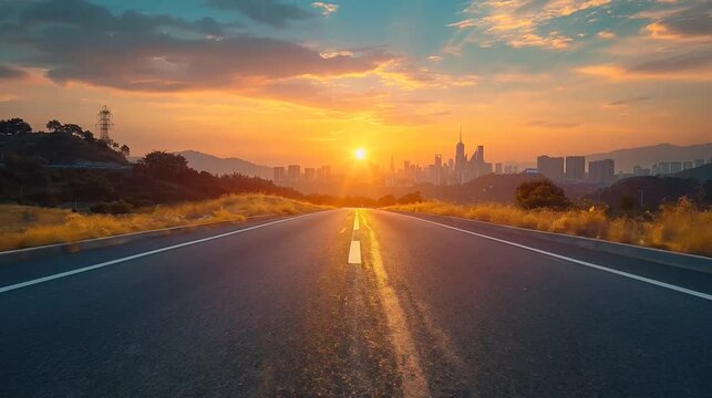 Empty road leads to sun-drenched city skyline at a vibrant sunset with golden hills