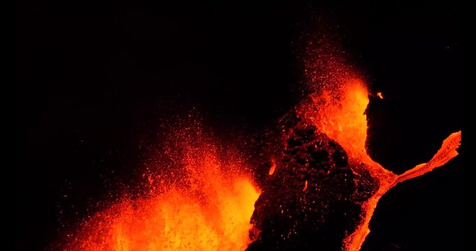 Aerial view of lava fountain erupting at Piton de la Fournaise volcano