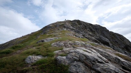 Fototapeta premium A lone hiker stands on the summit of a rugged grassy mountain peak under a cloudy sky