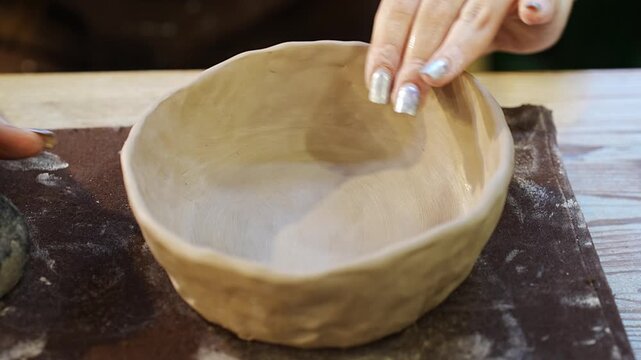 Creating a clay bowl on a potter's wheel in a workshop