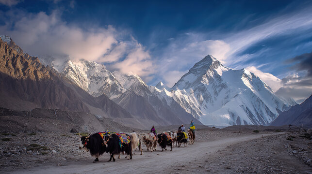 Trekkers and Yak herders crossing rugged mountain pass