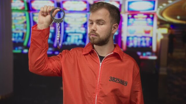 Man holds handcuffs up while wearing orange prison jumpsuit in casino with slot machines; regret recovery consequence addiction.