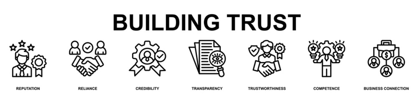 Building Tust Banner Web Icon Vector Illustration Concept for Business with Icons of Reputation, Reliance,Credibility, Transparency, Trustworthiness, competence and Business Connection
