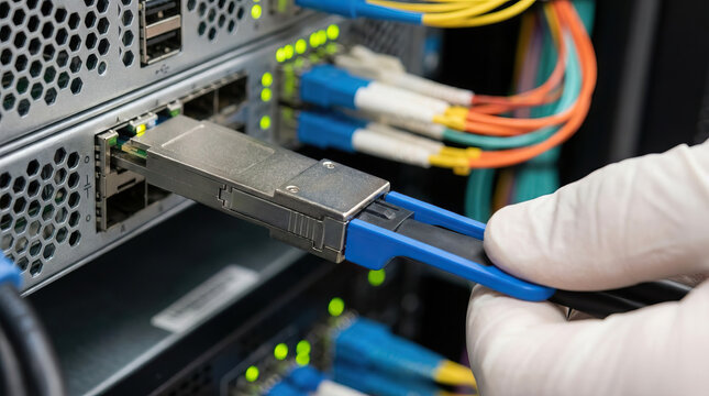 Fiber optic cable network switch data center hand with glove server connection technology equipment network cable ethernet port communication device digital infrastructure
