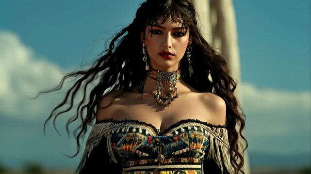 A beautiful woman, a female traveler, is filmed against a sky with light clouds. The gypsy woman looks onward. She is wearing traditional Romani clothes and large dangling earrings
