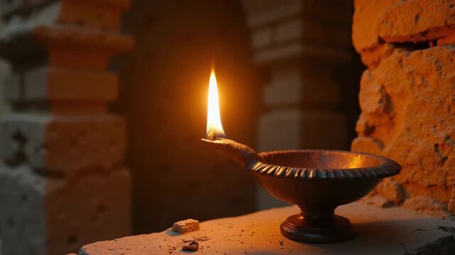 Traditional oil lamp with flickering flame on stone surface, highlighting warmth and ambiance of ancient architecture. Oil lamp adds cultural significance and nostalgic charm to interior spaces,