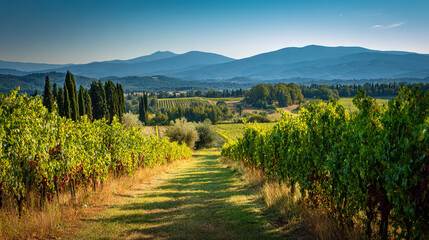 Obraz premium Scenic Vineyard Path with Mountain Landscape at Sunset