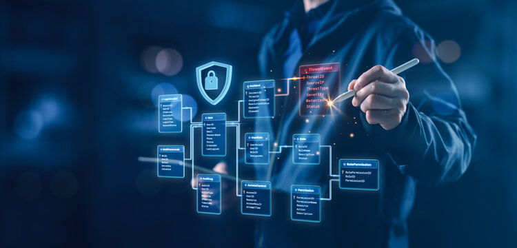 Cybersecurity professional managing secure database architecture with digital interface showing threat detection, access control, and encryption systems for enterprise data protection.