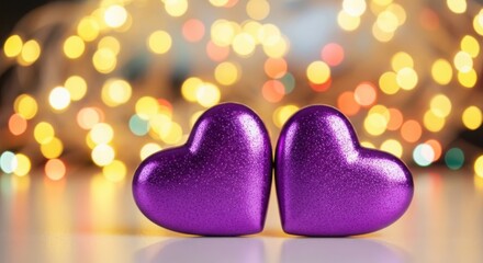 Fototapeta premium Two purple hearts sitting on a table with bokeh lights illustration