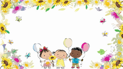Fototapeta premium Colorful family celebration with balloons and flowers in a festive frame