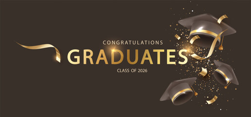 Luxury graduation ceremony background with a golden academic cap rendered in elegant 3D style. Premium banner design for university and school graduation celebrations