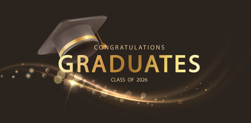 Academic achievement celebration with mortarboard, and golden confetti. Perfect for university graduation invitations, educational posters, or student success graphics