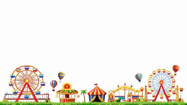Colorful amusement park scene with various rides and attractions under a clear sky