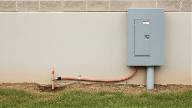 Utility box and gas meter connected by pipes on a wall outdoors in a residential setting