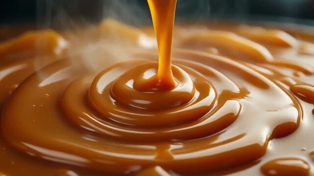 Cinematic pour video where molten caramel drips in slow motion onto a chilled cream caramel base, droplets stretching with perfect elasticity, steam subtle in the backlight, ad-quality contrast