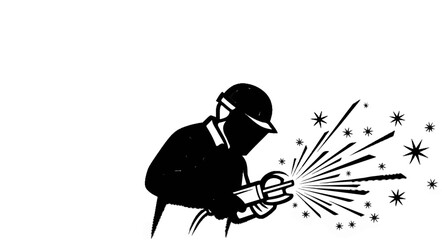 Silhouette of a worker in protective gear using a grinding tool, creating sparks
