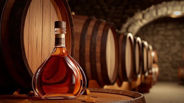 Premium amber liquor bottle on wooden barrel inside traditional cellar with oak casks and warm atmospheric light