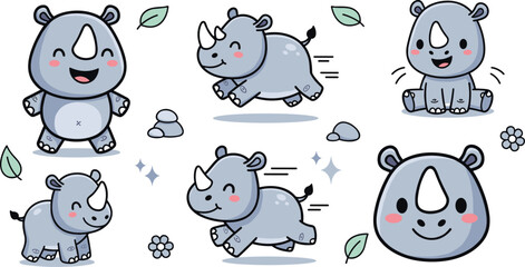 Cute Baby Rhino Cartoon Character Vector Collection Kawaii Rhinoceros in Running Sitting and Smiling Poses for Kids Nursery Design. © MstSuborna
