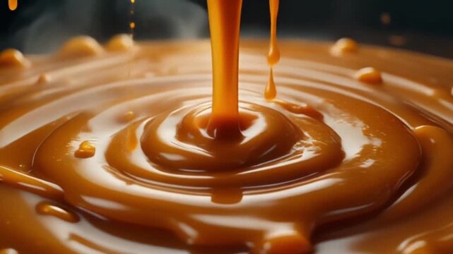 Top down cinematic pour video where molten caramel drips in slow motion onto a chilled cream caramel base, droplets stretching with perfect elasticity, steam subtle in the backlight