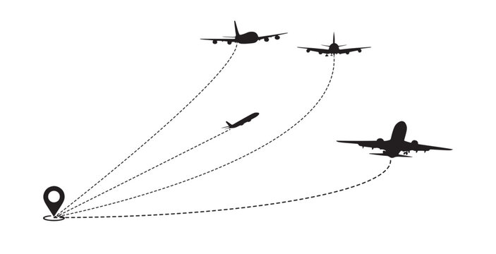 Multiple Airplane Flight Paths Departing from Map Pin Icon for Global Logistics and Travel Network, Global Air Travel Concept with Flight Paths.