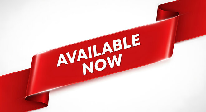 Red available now ribbon banner on white background