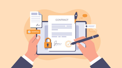 Hands signing digital contract on tablet with lock and verified badge icons, Concept of electronic signature, data security and online agreement.