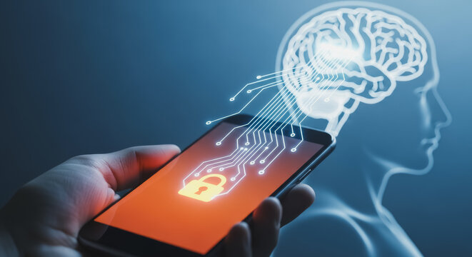 Mobile phone with glowing lock icon connected to a digital brain, representing advanced data security, AI privacy, and intelligent technology protection.