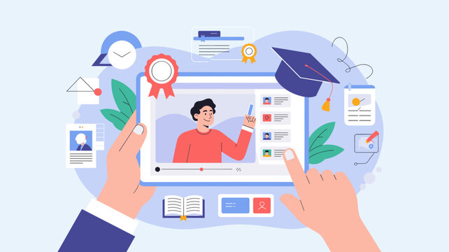 Hands holding tablet with online course video lesson and graduation icons, Concept of e learning, digital education and remote training.