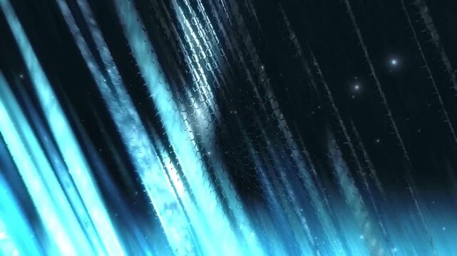 Abstract blue liquid wave background with diagonal glowing light streaks and digital hexagonal pattern