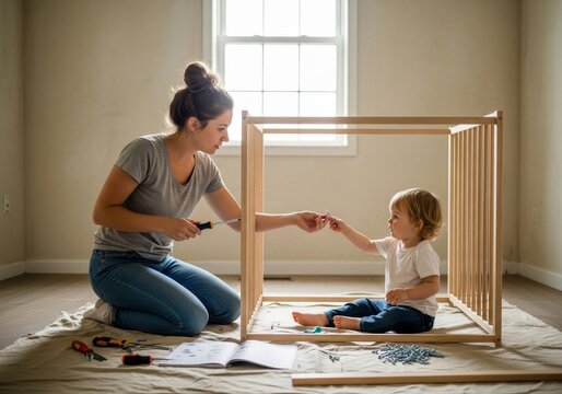 Woman assembling wood baby crib with toddler helping. Little kid giving screw to mother. Home improvement concept for parenthood and family bond.